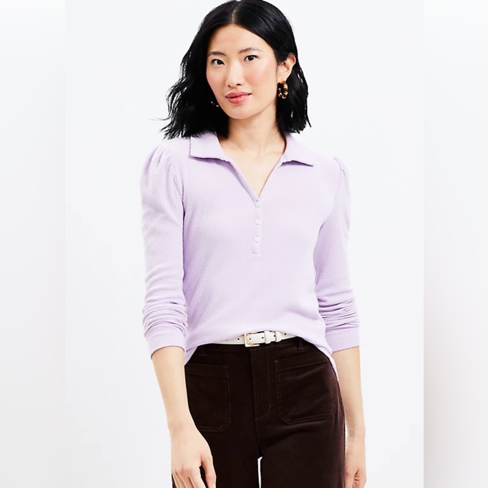 LOFT Lavender Ribbed Collared Henley Knit Top - Picture 2 of 7